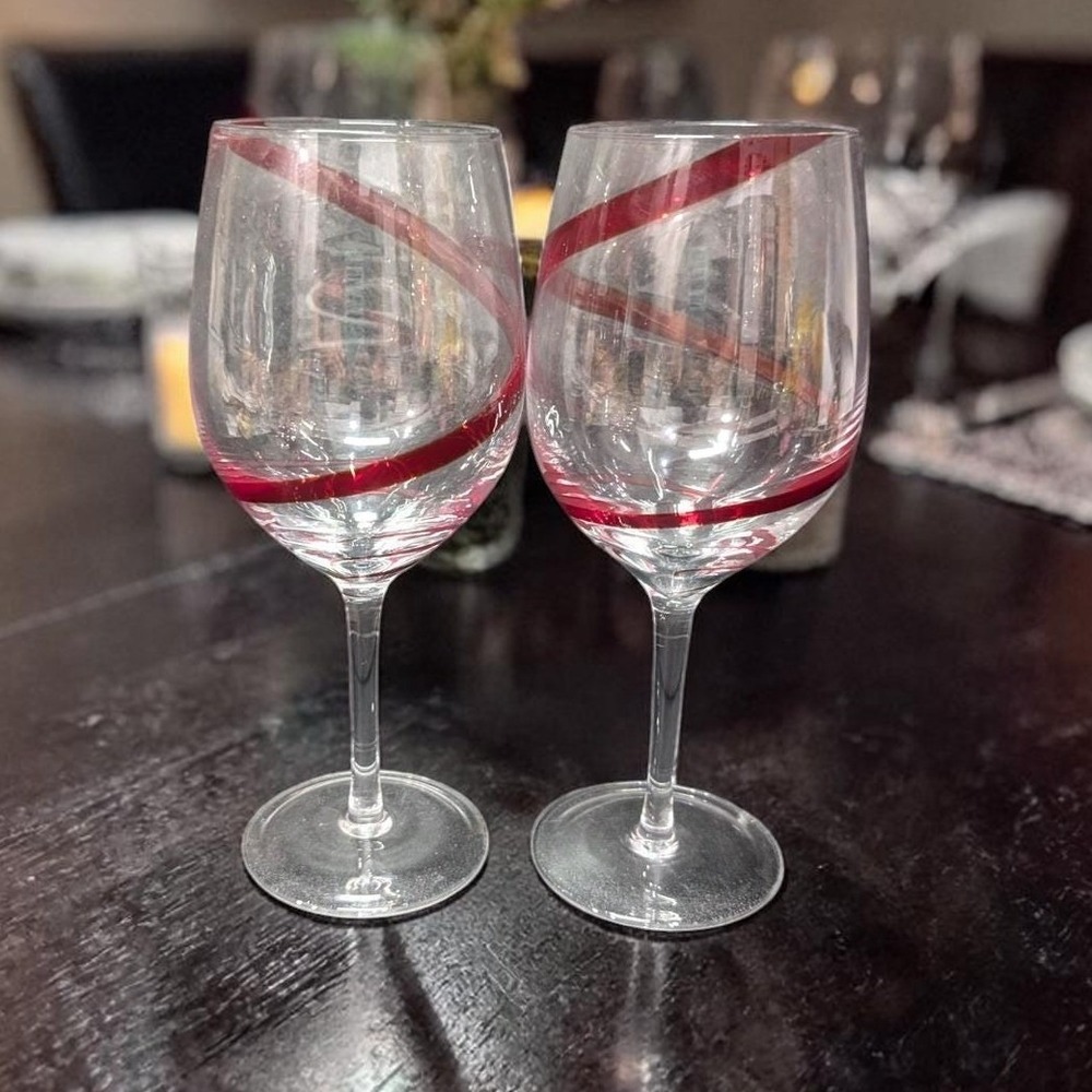 Pier 1 Red Swirline Wine Glasses, Set‎ Of 2, Vintage Clear Stemware, Replacement
